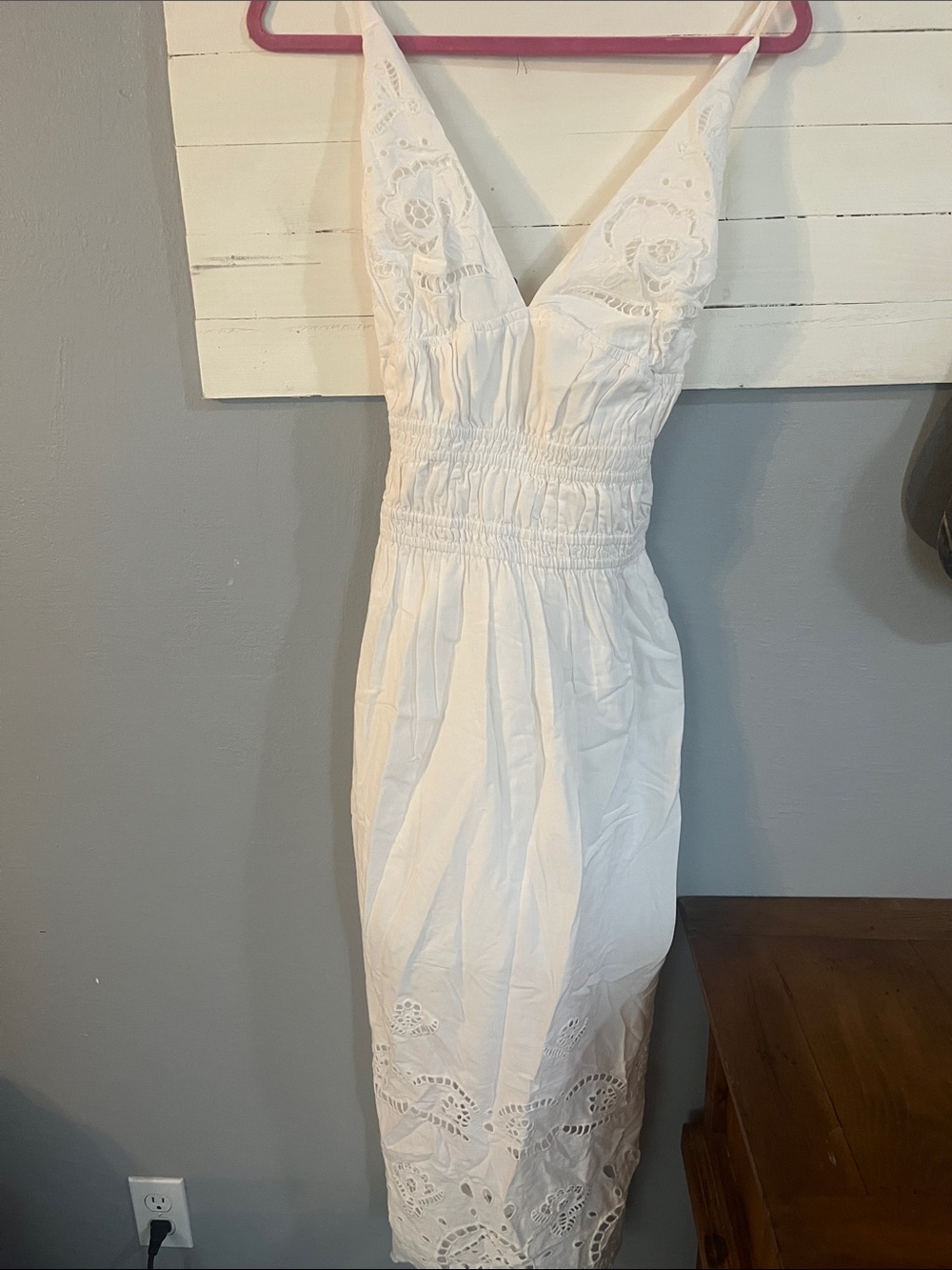 White Eyelet Smocked V-Neck Midi Dress